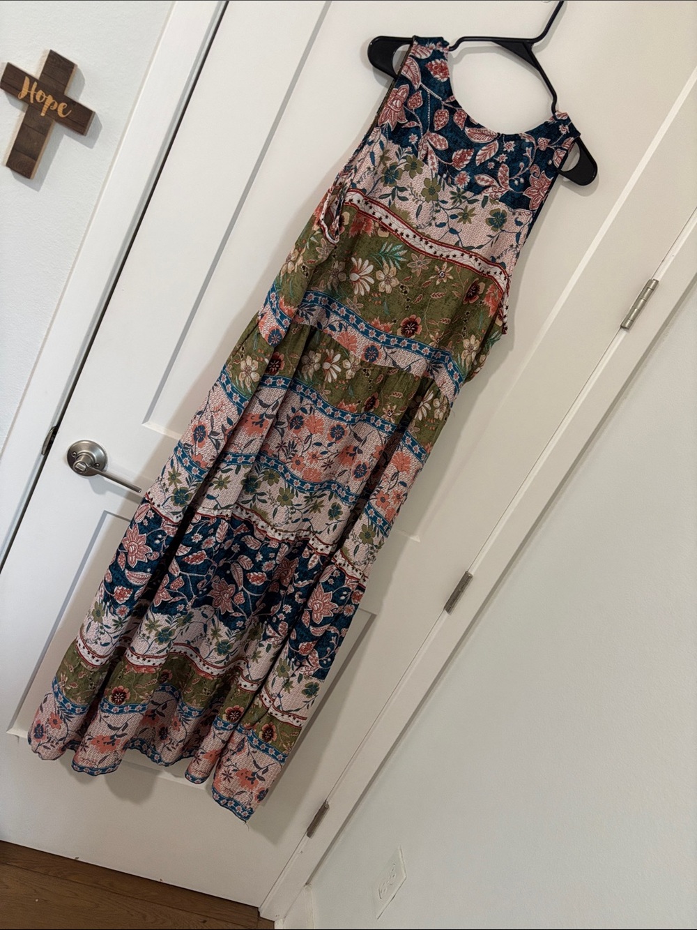 Kaktus Boho Patchwork Maxi Dress in Green and Navy - Picture 3 of 4
